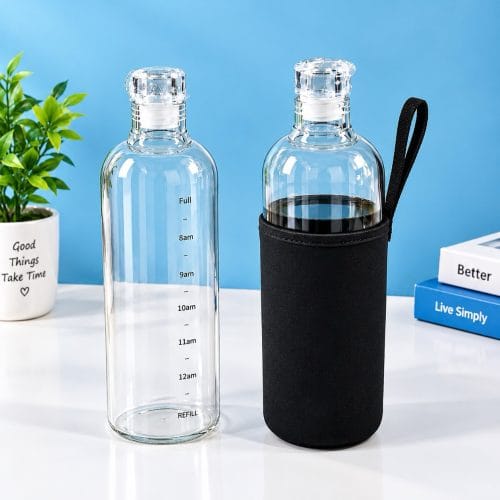 1000ml Transparent Glass Water Bottle with time marker and leakproof silicone stopper